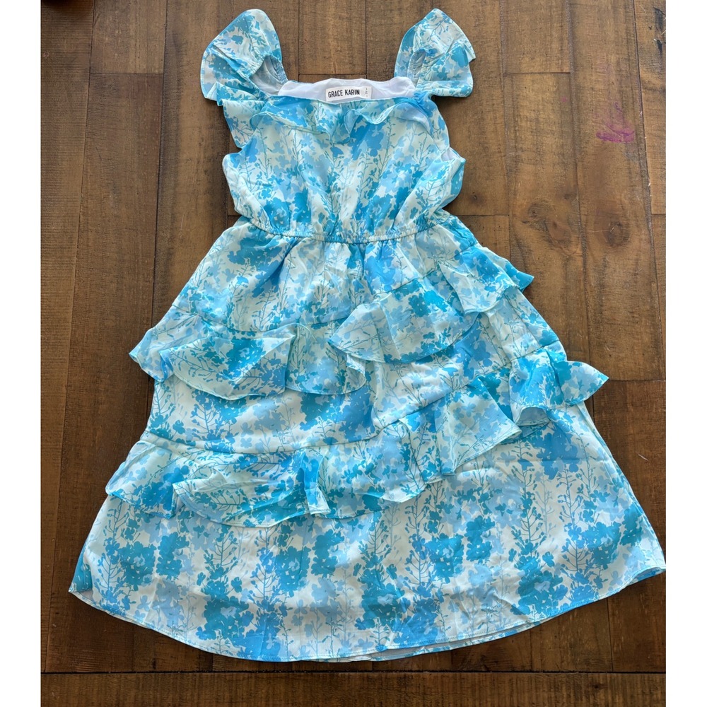 Grace Karin Girls Blue White Floral Tiered Ruffle Dress Size 7Y Summer Party - Picture 4 of 4